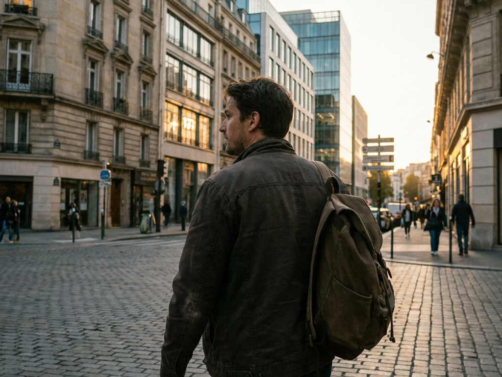 Homme de dos avec un sac à dos dans une rue pavée bordée d’immeubles anciens et modernes