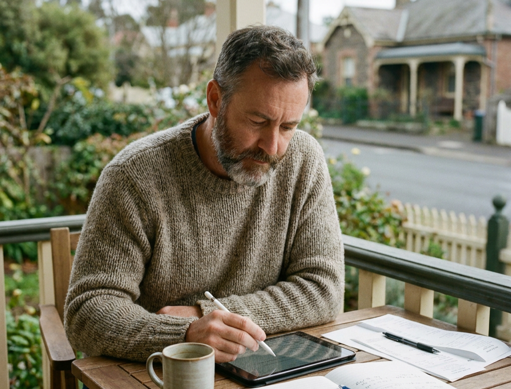 Homme en pull travaillant sur une tablette, assis à une table en terrasse avec une tasse et des documents