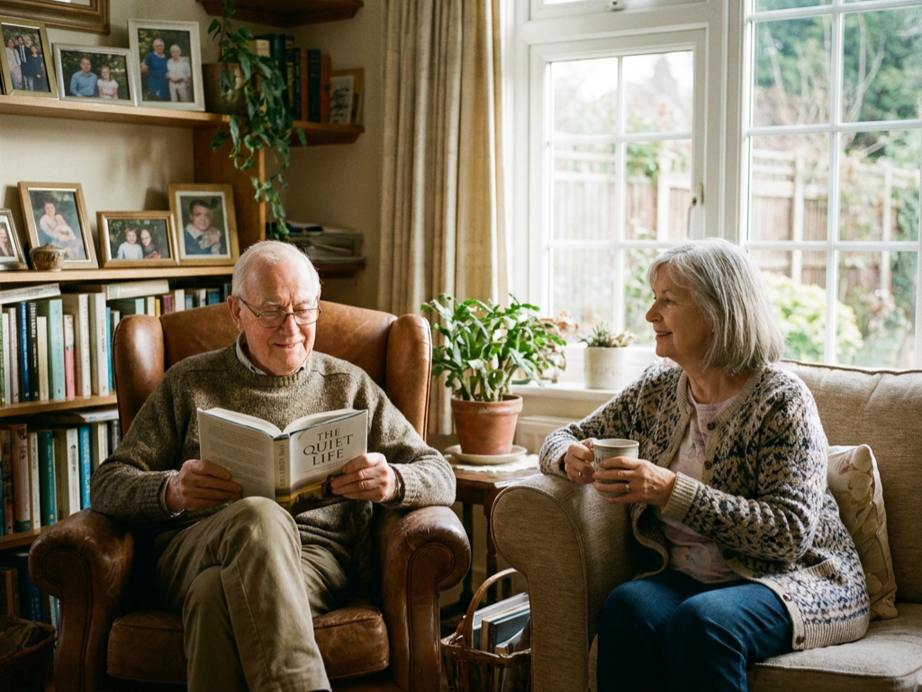 Couple de seniors dans son salon, l'homme lisant dans un fauteuil, la femme tenant une tasse
