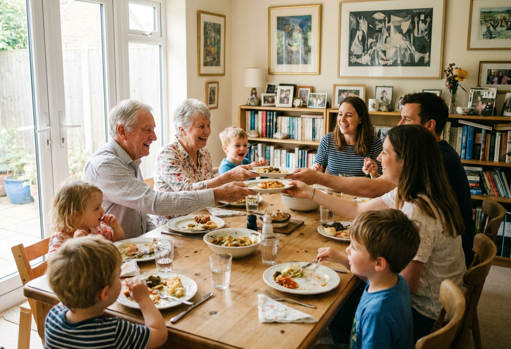Famille de plusieurs générations partageant un repas autour d'une table en bois