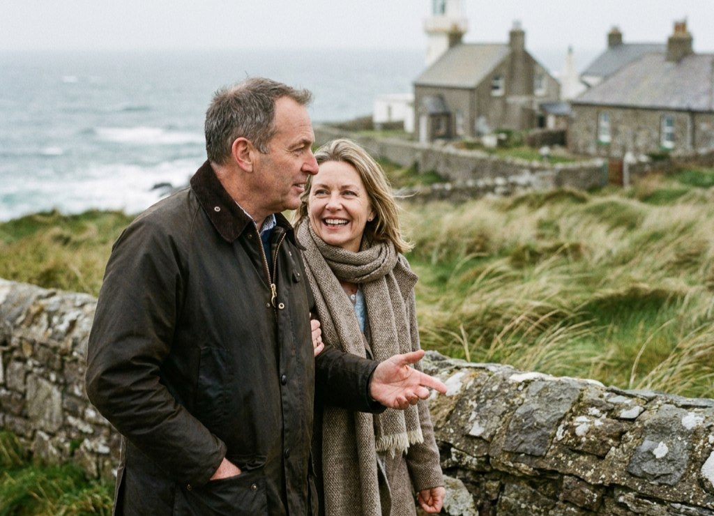 Couple souriant se promenant le long d'un muret en pierre, au bord de la mer