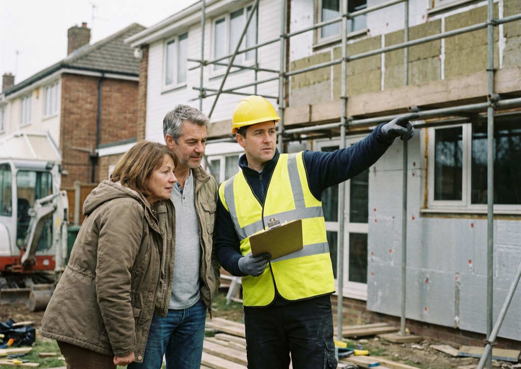 Couple écoutant un ouvrier en casque et gilet de sécurité devant une maison en travaux